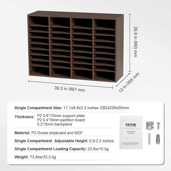 VEVOR Literature Organizers, 36 Compartments Office Mailbox with Adjustable Shelves, Wood Literature Sorter 39.3x12x26.8 inches for Office, Home, Classroom, Mailrooms Organization, EPA Certified Brown - Image 3