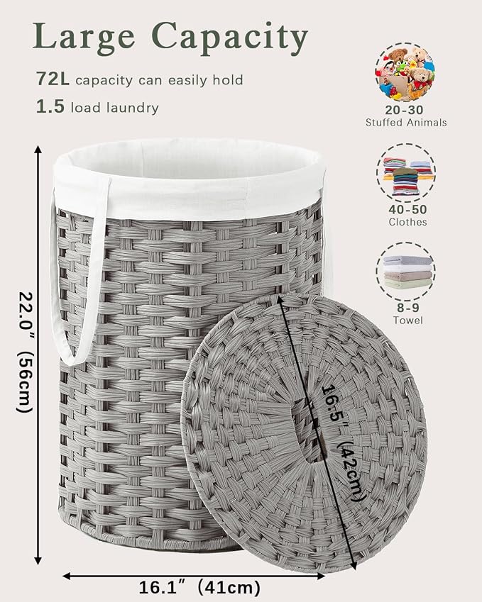SETVSON Laundry Hamper with Lid Laundry Basket with Lid 19.0 Gal (72 L) Round Laundry Basket Handwoven Rattan Basket with Lid Removable Bag 2 Mesh Bags Handles for Living Room Bathroom Gray - Image 4