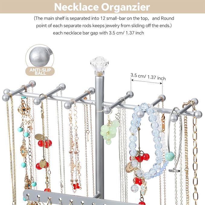 Meangood Jewelry Organizer Stand, 15.6" H Jewelry Tree Display Holder Stand for Bracelets Necklaces Earrings Rings, Gift for Women Girls (Silver) - Image 3
