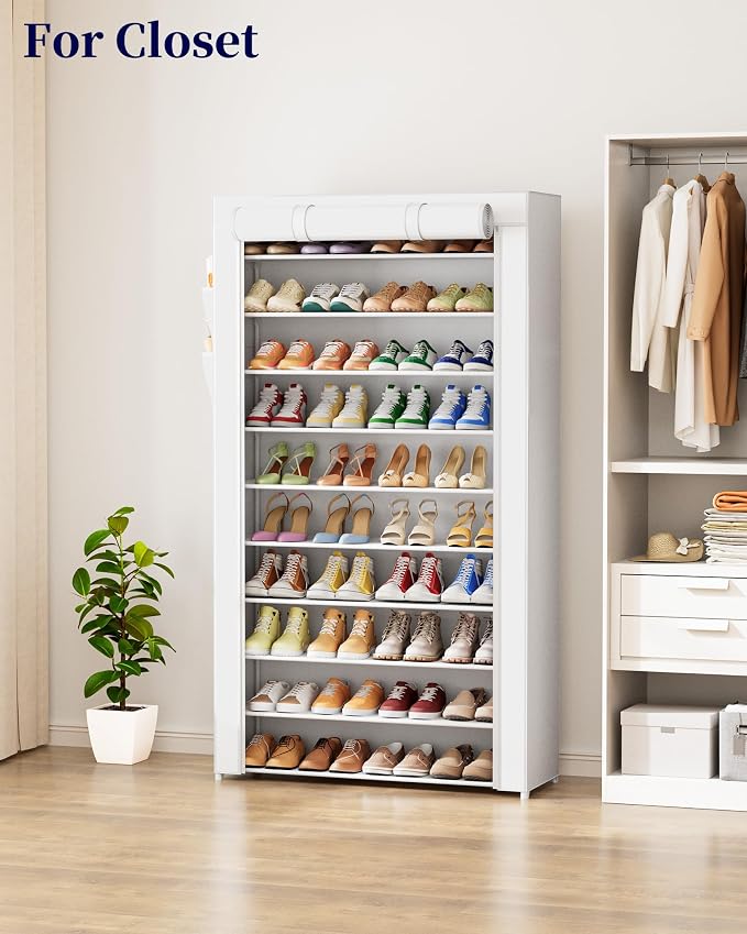Kitsure Shoe Rack - 10-Tier Shoe Organizer with Zippered Dust Cover & Side Pockets, Easy to Assemble, Space Saving Shoe Rack for Closet, Entryway, Living Room, 33" x 12.4" x 69.3", White - Image 3