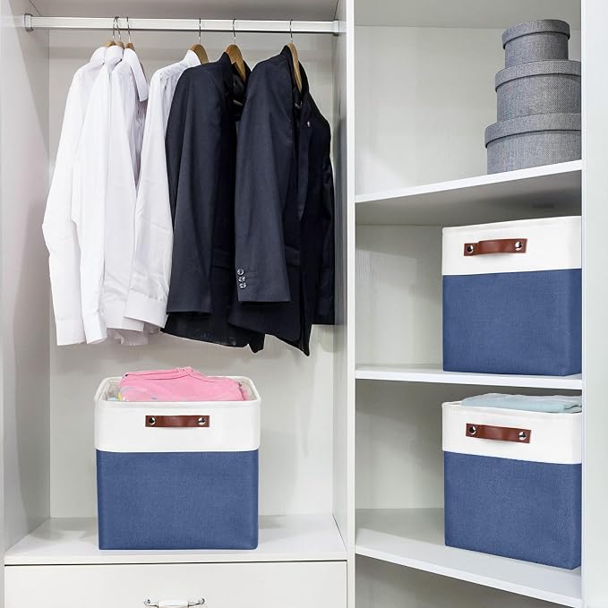 Bagnizer 13x13 Cube Storage Bins, Collapsible Fabric Storage Box, 4 Pack Closet Baskets with Handles for Organizing, Shelf, Toys, Clothes, Home, Office, Nursery (NavyBlue&White) - Image 2