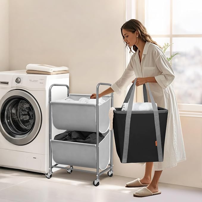 STORAGE MANIAC 80 Liters Vertical Rolling Laundry Hamper, 2 Section Laundry Sorter with Wheels and 2 Breaks, 2-tier Laundry Baskets for Small Space, Dorm, Laundry Room, Closet, Bathroom, Gray 2-tier - Image 2