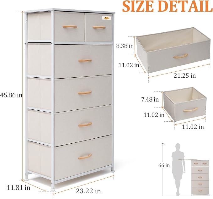 Fabric Dresser for Bedroom, Tall Skinny Dresser with 6 Drawers, Storage Organizer Tower, Steel Frame Wooden Top for Closet, Living Room, Hallway(Beige) - Image 2