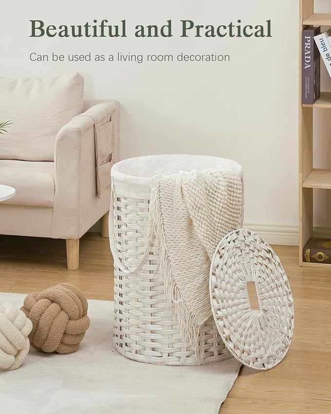 SETVSON Laundry Hamper with Lid Laundry Basket with Lid 19.0 Gal (72 L) Round Wicker Laundry Basket Handwoven Rattan Basket with Lid Removable Bag 2 Mesh Bags Handles for Living Room Bathroom White - Image 7