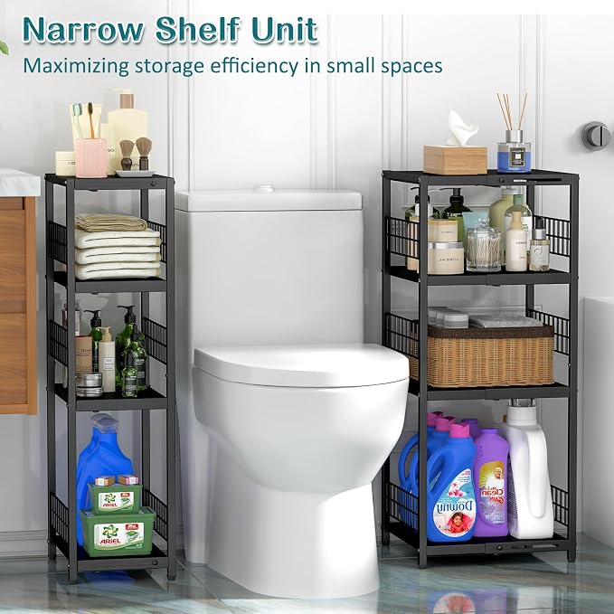 DAOUTIME Expandable Slim Storage Shelf, 4 Tier Metal Shelving Unit for Bathroom Storage Organizer, Freestanding Narrow Shelf for Small Spaces, Open Floor Shelves for Bathroom, Laundry Room, Kitchen - Image 4