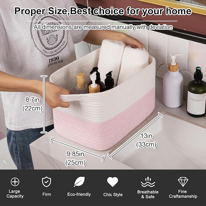 OIAHOMY Woven Storage Basket for Shelves, Rectangle Cotton Rope Baskets for Organizing, 13 x 10 x 9 in, Storage Bins for Dog Toys,Towel,Books,Gift,Pink and White - Image 4