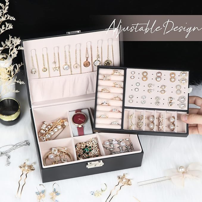 Jewelry Box for Women Girls, 2 Layers Jewelry Organizer Container with Lock, PU Leather Storage Case with Removable Tray, Jewelry Display Box for Necklaces Earrings Bracelets Rings Watches - Black - Image 5