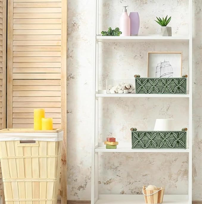 HOSROOME Macrame Boho Decor Baskets for Organizing Woven Decorative Basket for Countertop Toilet Paper Basket for Tank Top for Home Decor Bedroom Nursery Livingroom Entryway (Set of 2,Green) - Image 3