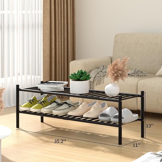 ROMGUAR CRAFT 2-Tier Bamboo Long Shoe Rack, Free Standing Wood Shoe Shelf Storage Organizer for Closet Entryway Stackable 35"x11"x13" (Black) - Image 3