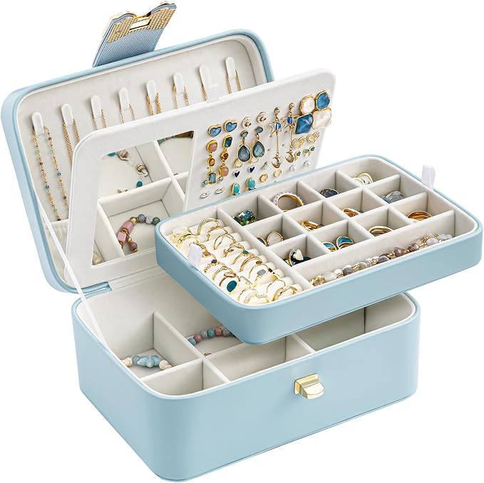 Lolalet 2 Layer Jewelry Box for Teen Girls & Young Women, Jewelry Organizer Case with Bow Clasp and Mirror for Earrings Rings Necklaces Storage, Gift Idea -Blue - Image 4