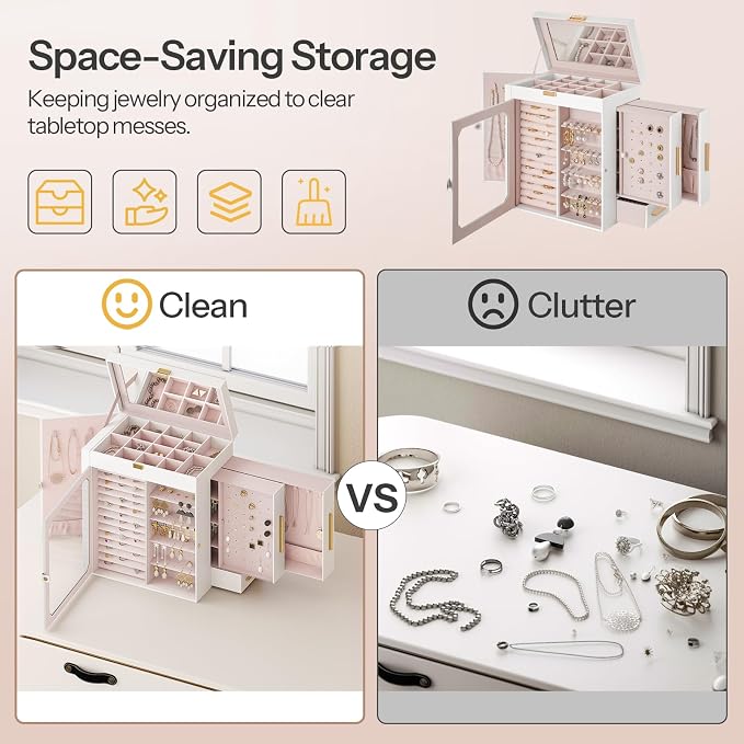 HOOBRO Jewelry Box with Mirror, Travel Jewelry Organizer with Glass Window, Jewelry Storage Case, Vertical Storage, Gift for Loved Ones, for Earrings, Rings, Necklaces, Bracelets, White WT03JB04G2 - Image 7