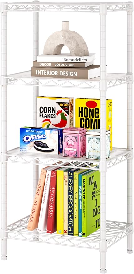 SINGAYE 4 Small Shelves Storage Shelf Wire Shelving Unit Metal Shelf Adjustable Organizers Storage Shelving with Wheels for Bathroom Laundry Room Kitchen Pantry11.5”D x 17.3”W x 44.5”H White by SINGAYE