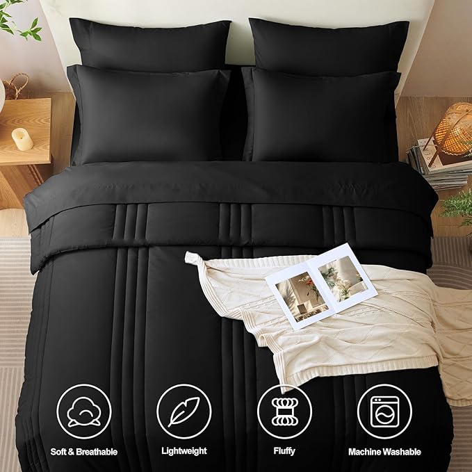 CozyLux Oversized Queen Comforter Set - 7 Pieces Bed in a Bag Black Comforter Set with Sheets All Seasons Bed Set, Soft Bedding Set with Down Alternative Comforter, Sheets, Pillowcases & Shams