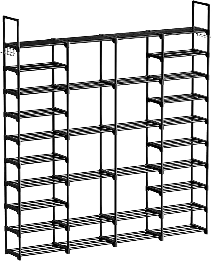 WOWLIVE 4 Row 10 Tiers Extra Large Shoe Rack Big Tall Metal Shoe Shelf, Heavy Duty Organizer for Closet Entryway, Boot Rack Storage Stackable Stand for Garage Black by WOWLIVE
