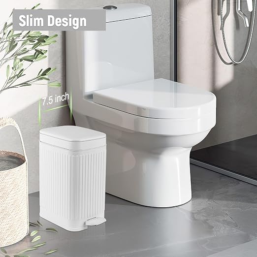 rejomiik Small Bathroom Trash Can with Lid Slim Soft Close Garbage Can Step Wastebasket Container Trash Bin for Office Bedroom Kitchen Living Room (1.9 Gallon White) - Image 2