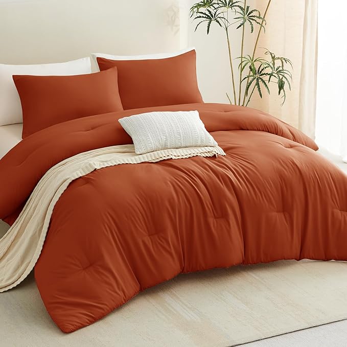 CozyLux Terracotta King Size Comforter Set, 3 Pieces Burnt Orange Rust Solid Breathable Quilted Bedding Sets, Luxury Fluffy Soft Bed Set with Down Alternative Comforter and 2 Pillowcases All Season
