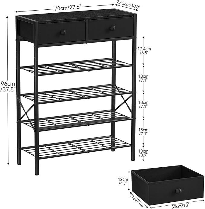 Shoe Rack for Entryway, 5 Tier Shoe Organizer with 2 Non-Woven Drawers, Metal Storage Shoe Shelf for 16-20 Pairs of Shoes, with Wooden Top and Steel Frame, Shoe Stand for Closet Charcoal - Image 3