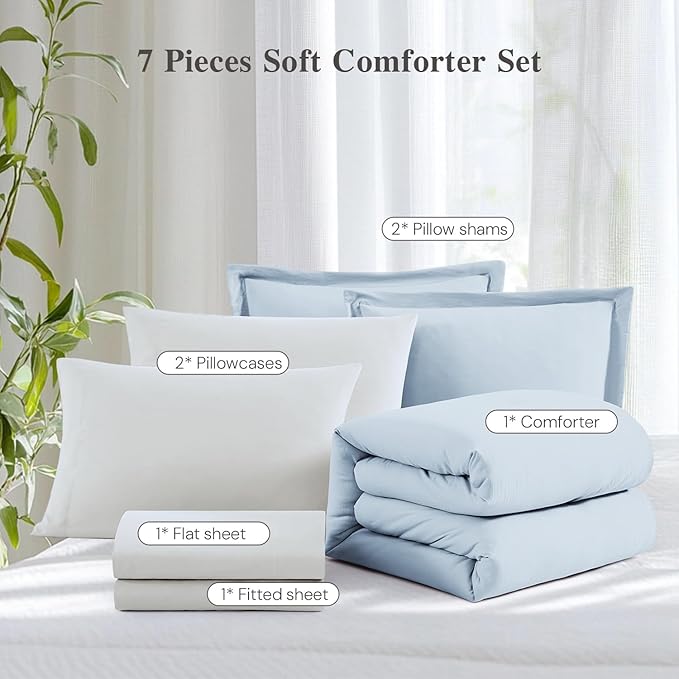 WRENSONGE Full Size Comforter Set- 7 Pieces Ice Blue Bed in a Bag Full Size Comforter with Fitted Sheet, Flat Sheet, 2 Pillow Shams, 2 Pillowcases, Warm Bedding Sets for All Season