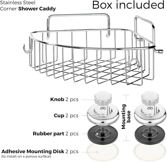 HASKO accessories Corner Shower Caddy with Suction Cups and 3M Adhesive Mounting Discs for porous surfaces - Stainless Steel Basket for Bathroom Storage (Chrome) - Image 3
