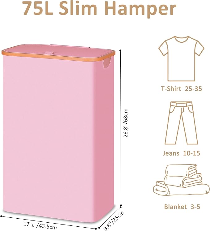 Vincona Slim Laundry Basket with Lid, Narrow Dirty Clothes Hampers for Laundry with Handle, Skinny Laundry Bin for Laundry Room, Dorm, Bedroom and Bathroom, 19.8 Gallon (75L) Pink - Image 3