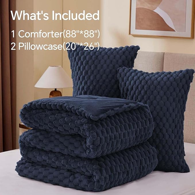 BEDELITE Fluffy Queen Comforter Set - Navy Blue Fleece Soft Comforter for Queen Size Bed, Luxury Warm Bedding Set for Winter, Fuzzy Bed Set 3 Pieces (1 Comforter, 2 Pillowcases)