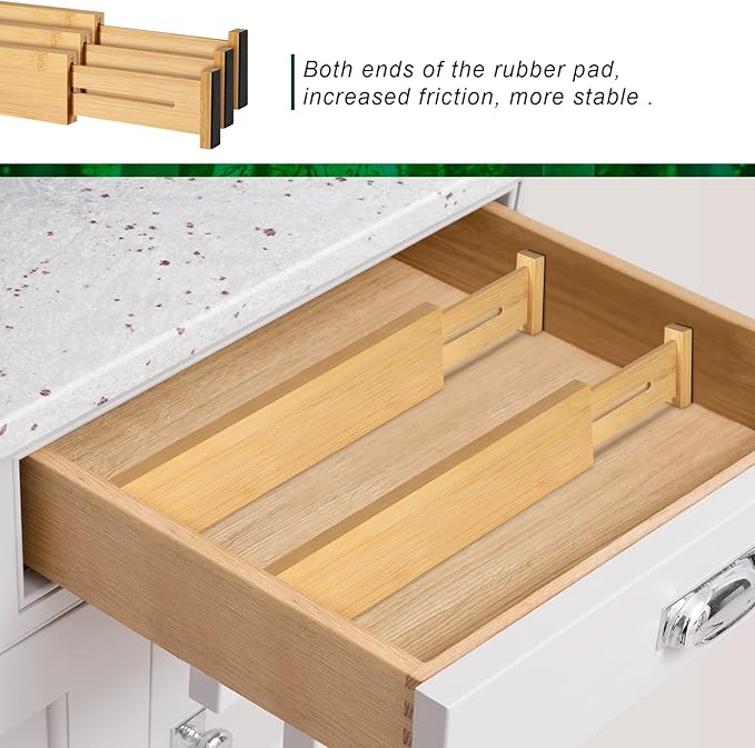 4 Pack Bamboo Drawer Dividers 2.6" High, Adjustable Length from 12 Inch to 17 Inch, Expandable Kitchen Drawer Organizer Separators for Clothes, Kitchen, Bedroom, Dresser, Office (Beige) - Image 7