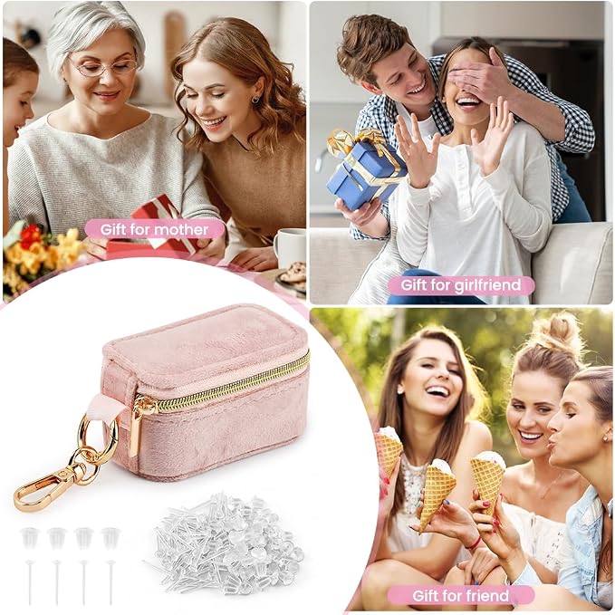 Velvet Mini Travel Jewelry Case, 2 in 1 Ring Holder Keychain + 50 Plastic Earrings, Portable Small Jewelry Organizer for Women, Travel/Gym/Wedding/Bridesmaid Gift - Image 8