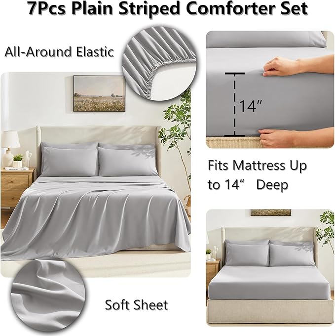 CozyLux Queen Comforter Set French Grey, 7 Pieces Bed in a Bag, Gray Comforters Queen Size, All Season Bedding Sets with Stitch Quilted Comforter, Flat Sheet, Fitted Sheet, Pillowcases