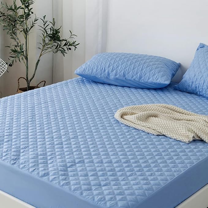vctops Quilted Fitted Sheet Waterproof Mattress Protector Pad Ultra Soft Elastic Fitted Deep Pocket Bed Cover (Sky Blue,King)