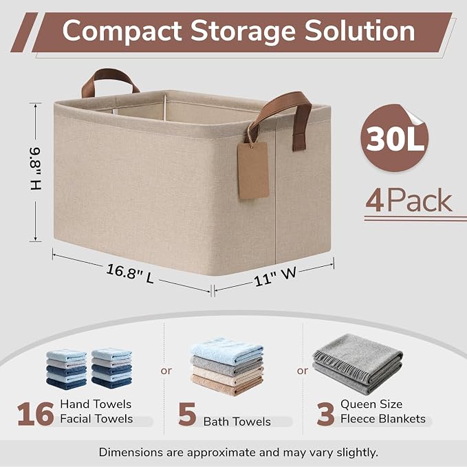 CHICVITA 4 Pack Large Storage Baskets for Shelves, Collapsible Towels Organizer Bins with Metal Frame, Closet Organizers and Storage Basket for Toys, Blankets, 16.8" x 11" x 9.8", Brown - Image 3