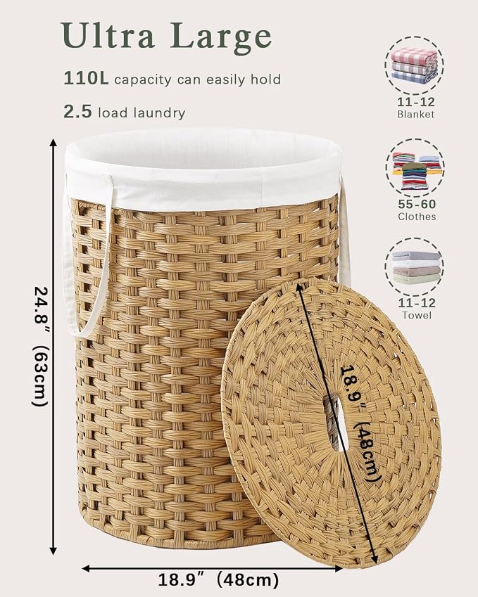 SETVSON Laundry Basket with Lid Round Rattan Laundry Hamper with Lid and Handles 29.1 Gal (110 L) Handwoven Woven Basket with Removable Bags and 2 Mesh Bags for Bathroom Living Room Natural - Image 4