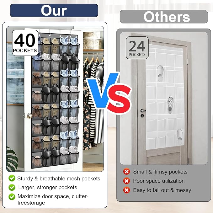 Over the Door Shoe Organizer - 40 Large Breathable Mesh Pockets, Space Saving Hanging Shoe Organizer with Metal Hooks, Hanging Shoe Rack for Men's and Women's Shoes (Grey) - Image 2