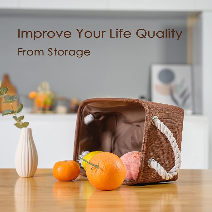 TheWarmHome Small Fabric Canvas Storage Bin with Cotton Rope Handles - Foldable Empty Basket for Gift (Brown-1 Pack,11.8L7.9W5.2H inch) - Image 2