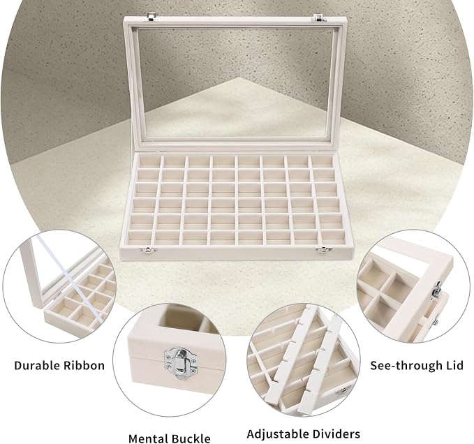 Stratalife Jewelry Organizer 48 Grid Jewelry Trays with Dust-proof Lid Velvet Earring Organizer Ring Holder Accessories Box Necklaces Earrings Storage for Women Drawers Cream - Image 2
