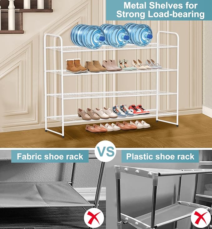 AOODA 4 Tier Long Metal Shoe Rack for Closet Wide Stackable Shoe Storage Organizer for Entryway, Bedroom, Floor, Holds 30 Pairs Men Sneakers Large Boot Shelf with Wire Grid, White - Image 4