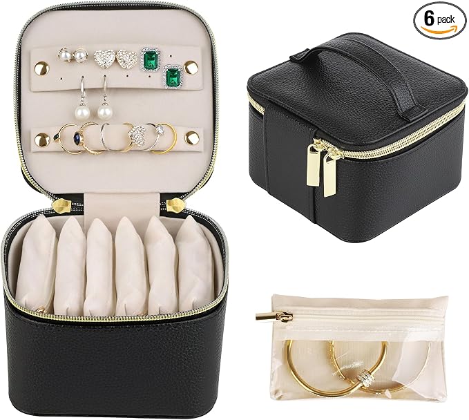 HofferRuffer Jewelry Box Organizer for Women Girls, Travel Jewelry Case with 6 Portable Zipper Bags, Jewelry Storage Ideal for Travel & Home Organization (6pcs-Black Faux Leather) by HofferRuffer