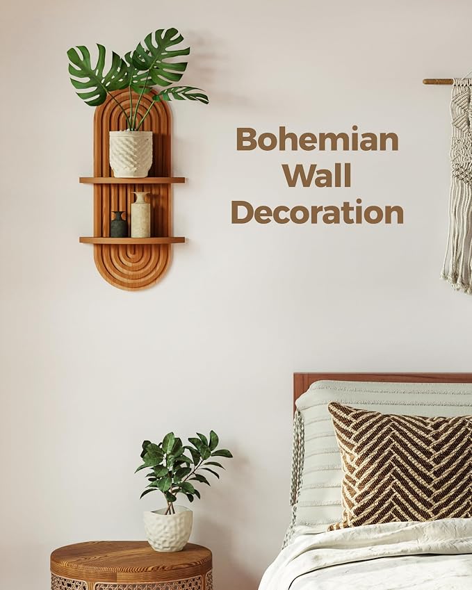 Bamworld Boho Wall Decor Brown Plant Wall Shelf Mid Century Modern Decor Hanging Plant Shelf 16.7in 2 Tier Wooden Floating Shelves for Home Bathroom Bedroom Living Room Office Holding Planter - Image 3