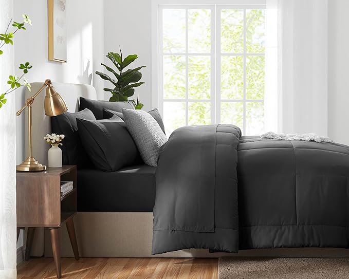 CozyLux Oversized King Comforter Sets Dark Grey, 7 Pieces Bed in a Bag, Ultra-Soft All Season Bedding Sets with Stitch Quilted Comforter, Flat Sheet, Fitted Sheet, Pillowcases, Dark Gray