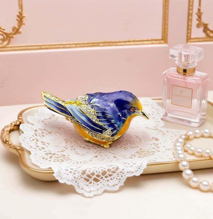 Starling Bird Trinket Boxes Hinged with Crystals Enameled Jewelry Box.Bird Lover Gifts for Women.Necklace Ring Box Earrings Storage.Collectible Bird Figurines Home Decor -Blue Yellow. - Image 4