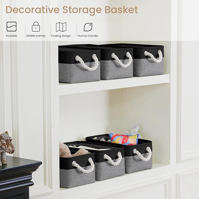 Storage Baskets for Shelves 11.8x7.9x5.2 Inch, Foldable Fabric Storage Bins with Handles, Small Storage Baskets for Organizing Closet, Office, Home Organization (3-Pack, Black&Gray) - Image 5