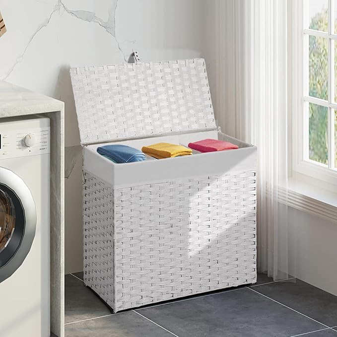 Greenstell Laundry Hamper with Lid, 125L Large Clothes Hamper with 3 Section & 2 Section Removable Liner Bags & 5 Mesh Laundry Bags, Handwoven Synthetic Rattan Divided Laundry Basket, White - Image 5