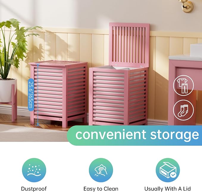 SMIBUY Double Laundry Hamper with Lid, 120L Bamboo Laundry Basket with Removable Liner Bag, 2-Section Clothes Divider Laundry Sorter for Laundry Room, Bathroom, Bedroom (Pink) - Image 6