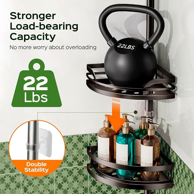 HAMITOR Shower Caddy Tension Pole: Rustproof Bathroom Corner Shelf for Renters, 47-121 inches Adjustable Organizer with Soap Holder-Large Capacity Rack for Shampoo Storage Home Accessory- Bronze - Image 5