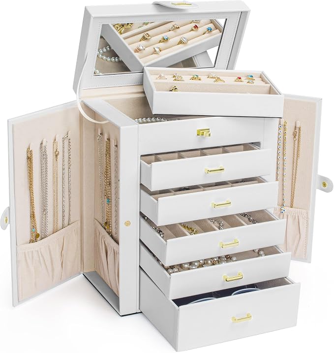 AKOZLIN Large Jewelry Box Organizer Functional with Big Mirror, Leather Jewelry Storage Case for Women Girls Ring Necklace Earring Bracelet Holder Organizer White - Image 2