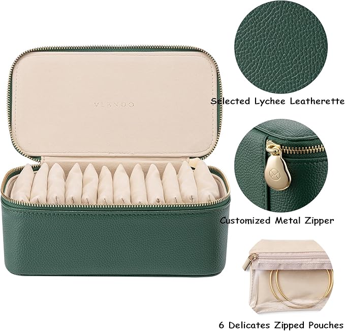 VLANDO Travel Jewelry Box Organizer – Portable PU Leather Jewelry Case with 6/8/12 Zippered Pouches, Compact Storage for Earrings Rings Necklaces Bracelets, Dark Green - Image 6