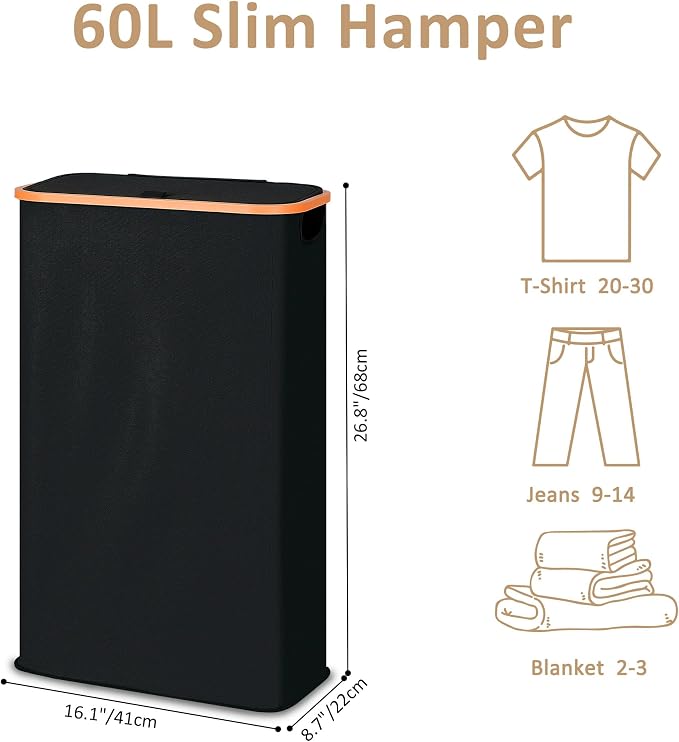 Vincona Slim Laundry Basket with Lid, Narrow Dirty Clothes Hampers for Laundry with Handle, Skinny Laundry Bin for Laundry Room, Dorm, Bedroom and Bathroom, 15.9 Gallon (60L) Black - Image 3