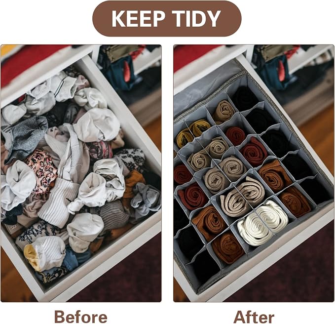 PINGMIC Gray Sock Organizer Divider 3 Pack with Lid - 30 Cell Foldable Closet Storage, Tie Organizer For Men Boxes for Socks, Ties, Belts - Image 6