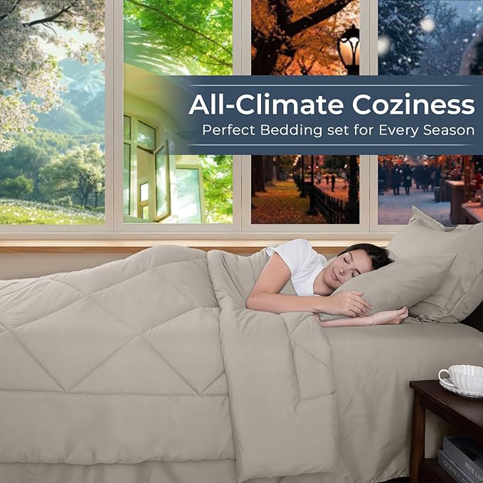 HEVUMYI Oatmeal Full Comforter Set - 7-Piece All Season Bed in a Bag Full, Ultra Soft Bedding Set with Comforter, Flat Sheet, Fitted Sheet, Pillowcases, Pillow Shams