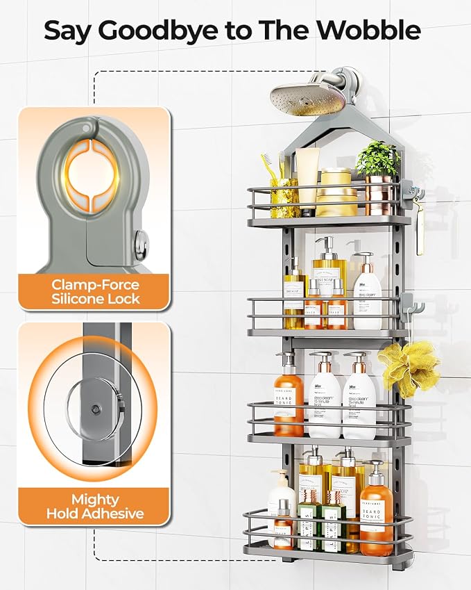 ODesign 4 Tier Height-Adjustable Shower Caddy Hanging Anti-Swing-Over The Shower Head Caddy-Showers Storage Organizer Bathroom Shelves Basket Showers Caddies-Grey - Image 5