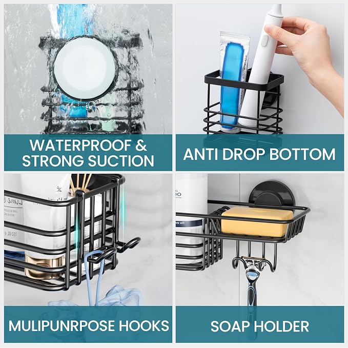 TAILI Shower Caddy Suction Cup, 3 Pack Shelves for Inside with Hooks & Soap holder Toothbrush Cups, Removable Bathroom Organizer, Rustproof Black Holder Storage-Black - Image 6